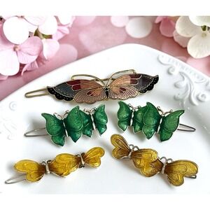 Vtg 1980's Butterfly 2 Enamel and 1 Cloisonne Barrettes Yellow Green 5 pcs.